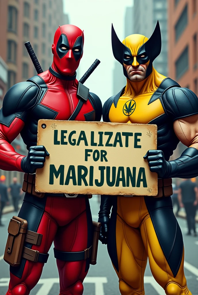 Deadpool and wolverine holding a sign that says legalize marijuana 
