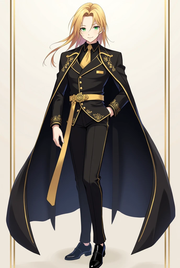 17 ANIME BOY NOBLE BOY WITH GREEN EYES, BLONDE HAIR, DREESING .Shirt:
Style: Long-sleeved shirt with traditional or mandarin collar.
Fabric: High-quality satin or silk.
Main color: Black.
Details: Gold embroidery on collar and cuffs. Front placket may have discreet gold buttons. Shirt may have a small gold embroidered Solaria emblem on chest.
Accessories and accessories:
Blazer or Jacket:
Style: Fitted blazer with a classic cut.
Main color: Black.
Details: Gold embroidery on lapels, seams and buttons. Gold Solaria emblem on breast pocket.
Lining: Gold for a stylish contrast.
Pants:
Style: Slim-fit dress pants.
Main color: Black.
Details: Gold side stripe or stripe, which may be a subtle line along the side of the legs.
Tights or Socks:
Style: Ankle socks.
Color: Black, no additional details.
Shoes:
Style: Leather Oxford or Derby style shoes.
Main Color: Black.
Accents: Gold accents, such as a discreet buckle or small emblem.
Tie or Ribbon:
Style: Black tie with small gold accents or stripes, or a similar style ribbon.
Main Color: Black.
Accents: Gold.
Cape or Cloak (for formal occasions):
Style: Long cape with a noble feel, made of velvet or similar fabric.
Main Color: Black.
Accents: Gold embroidery on the edges and the Solaria emblem in gold.
Jewelry and Accessories:
Style: Cufflinks and tie clips in gold or with black and gold accents.
Additional:
Sash or Belt:
Main Color: Gold.
Accents: Belt with gold buckle and black accents.
Stitching Details:
Style: Visible gold stitching in areas such as the shoulders of the blazer or the sides of the pants.. full body