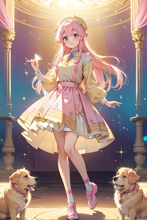 Gerika is a light beige golden retriever with beige ears and gold and pink hair.
She has a pink top with blue suspenders. Her skirt is blue and covered in rainbows and golden retrievers.
She comes with pink shoes. SPARKLE; GLITTER