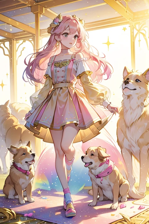 Gerika is a light beige golden retriever with beige ears and gold and pink hair.
She has a pink top with blue suspenders. Her skirt is blue and covered in rainbows and golden retrievers.
She comes with pink shoes. SPARKLE; GLITTER