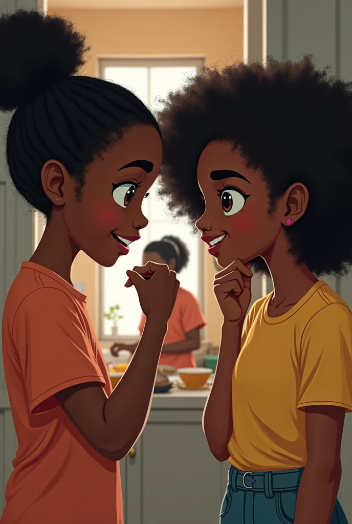 Two Black age girls talking behind thair mom
