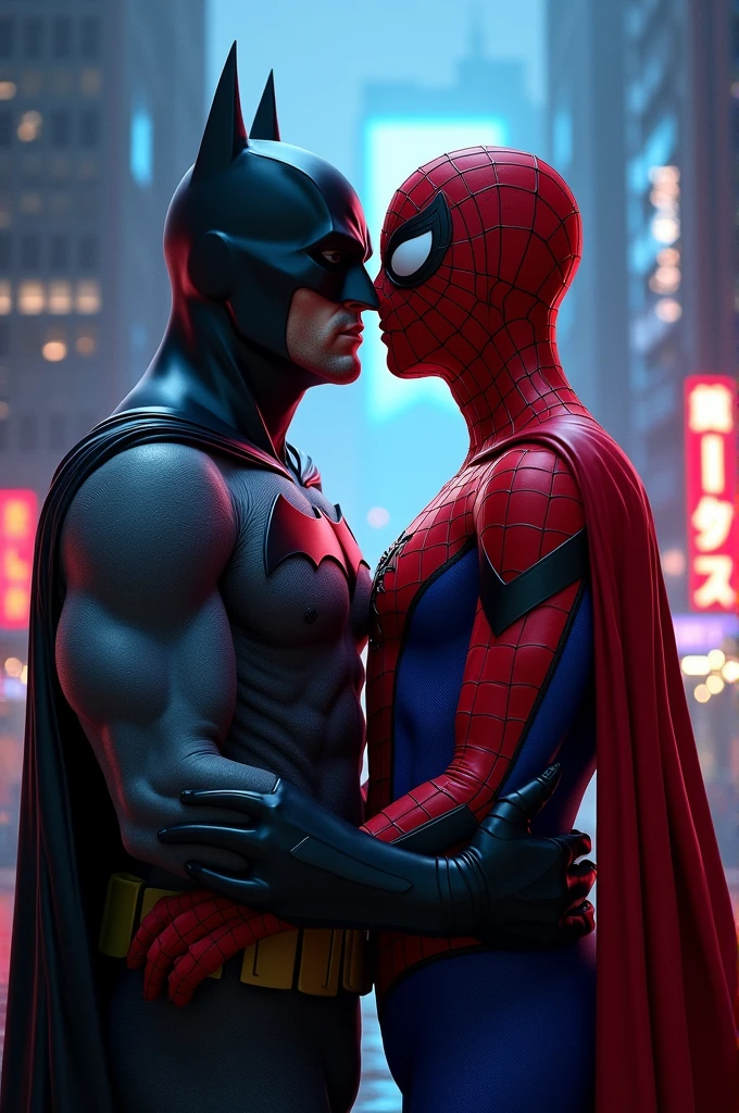 Batman and Spiderman kissing