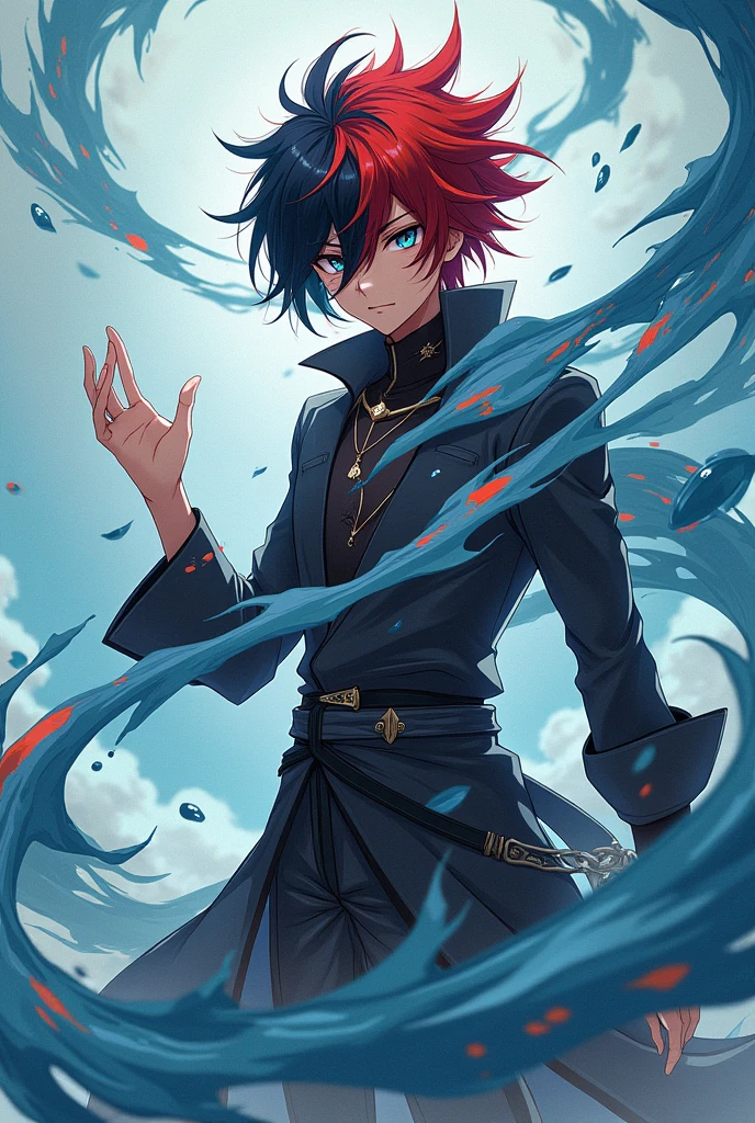 Anime style male character with one black eye and one white eye, black hair half red with 1,67 tall, and with wind power in the palm of his hand