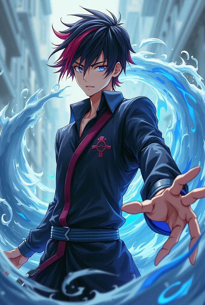 Anime style male character with one black eye and one white eye, black hair half red with 1,67 tall, and with wind power in the palm of his hand
