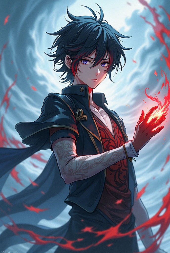 Anime style male character with one black eye and one white eye, black hair half red with 1,67 tall, and with wind power in the palm of his hand