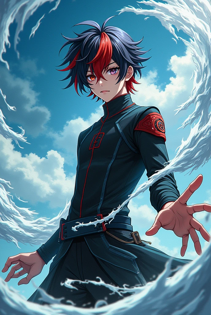 Anime style male character with one black eye and one white eye, black hair half red with 1,67 tall, and with wind power in the palm of his hand