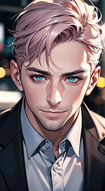 (best quality,4k,8k,highres,masterpiece:1.2),ultra-detailed,(realistic,photorealistic,photo-realistic:1.37),1 man,3, man,very handsome,without expression,smile,short grey pink hair,blue eyes,penetrating gaze,perfect face without errors,imposing posture,businessman,office background,cinematic lighting,hdr image