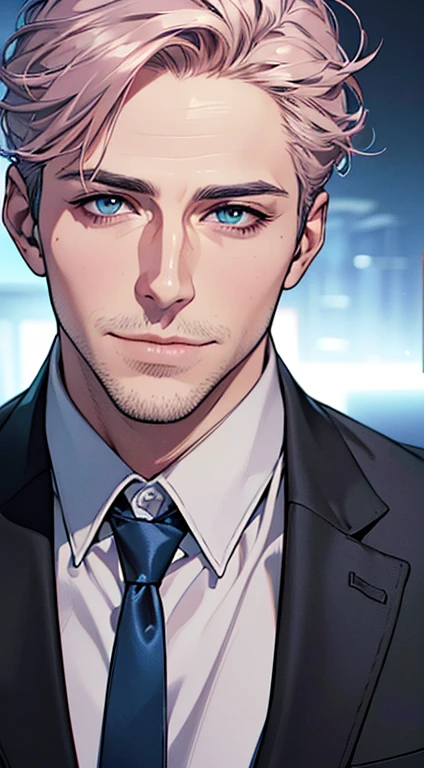 (best quality,4k,8k,highres,masterpiece:1.2),ultra-detailed,(realistic,photorealistic,photo-realistic:1.37),1 man,3,mature man,very handsome,without expression,smile,short grey pink hair,blue eyes,penetrating gaze,perfect face without errors,imposing posture,businessman,office background,cinematic lighting,hdr image