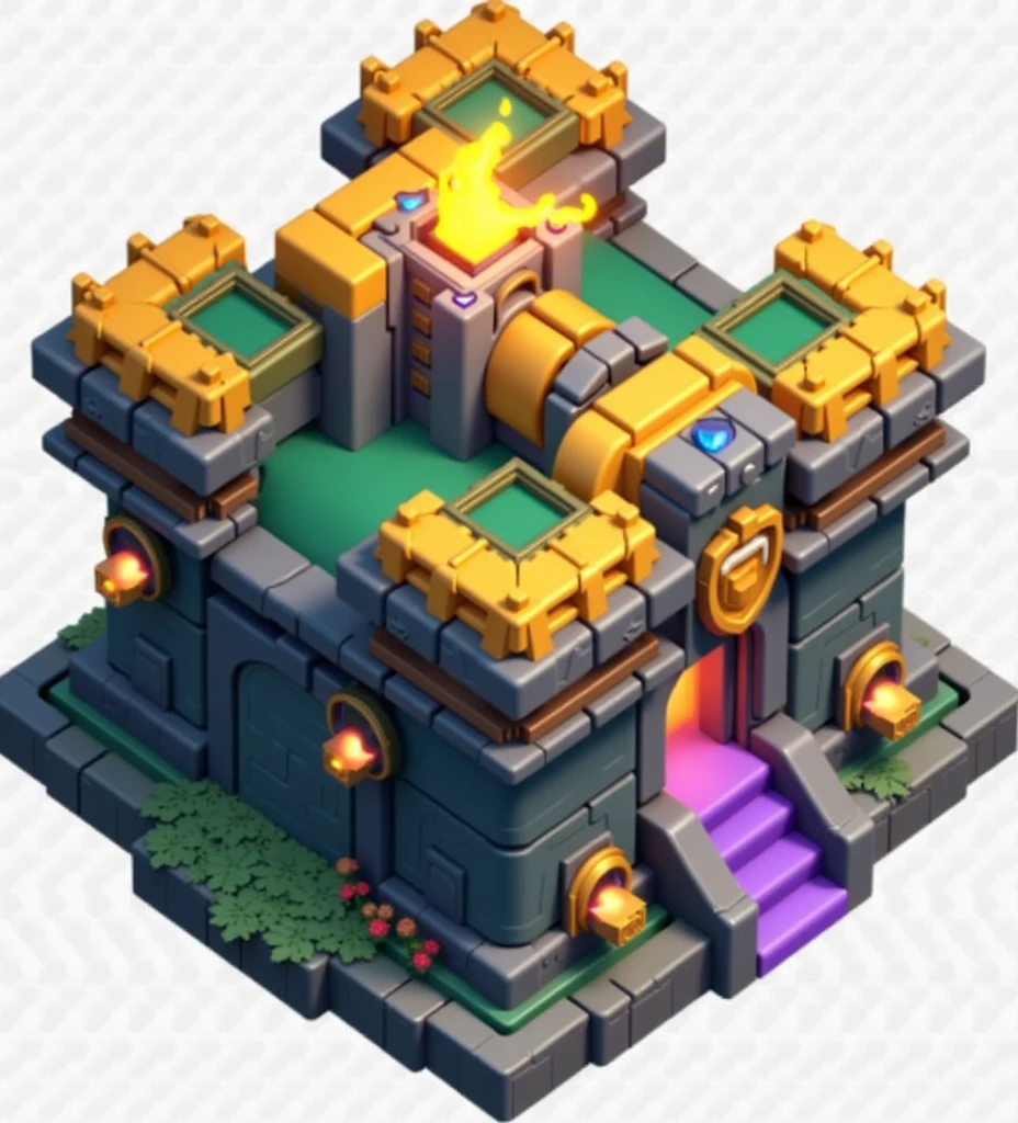 Create a medieval themed Clash of Clans tow haul with a flamethrower on top. Yellow with blue and gold colors.