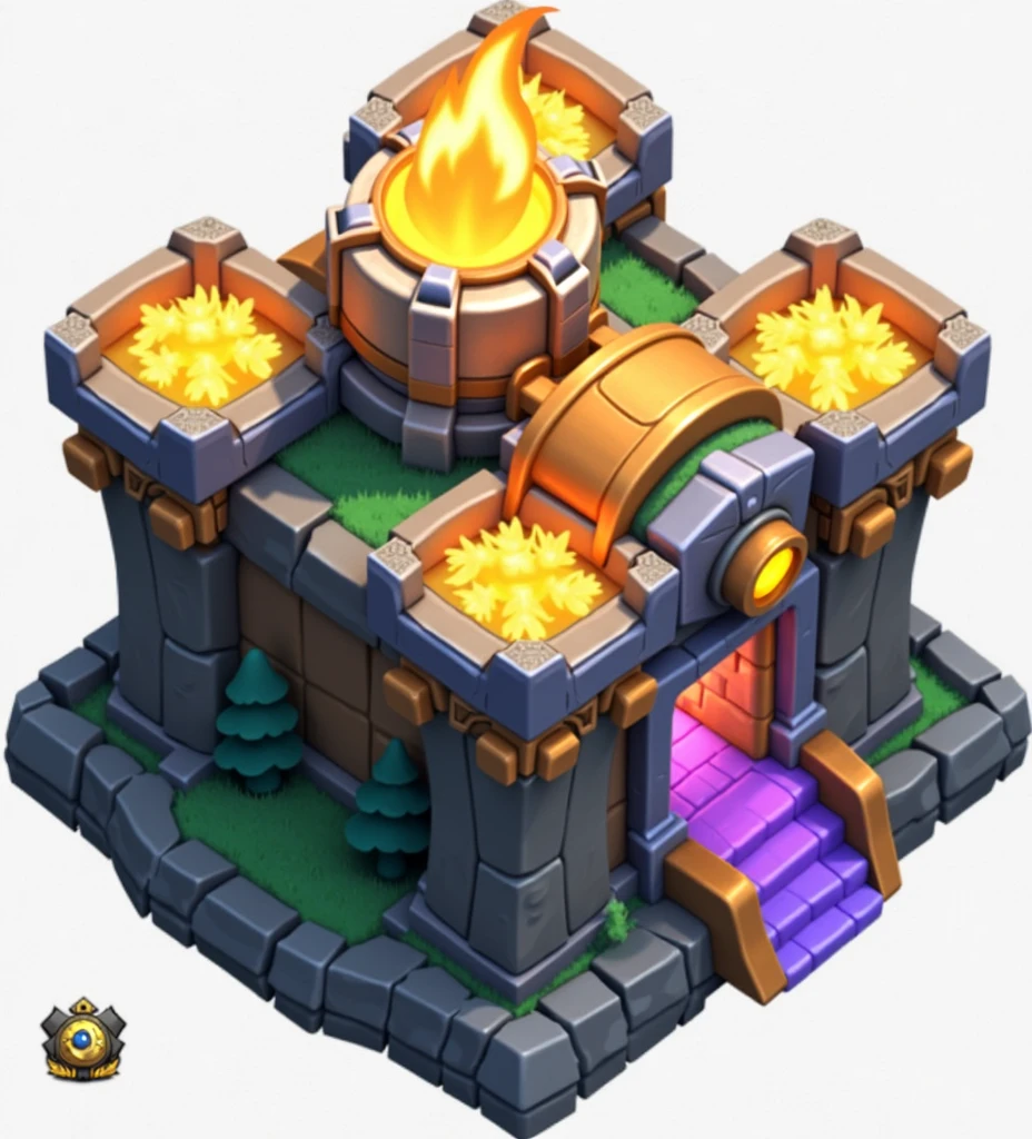 Create a medieval themed Clash of Clans tow haul with a flamethrower on top. Yellow with blue and gold colors.