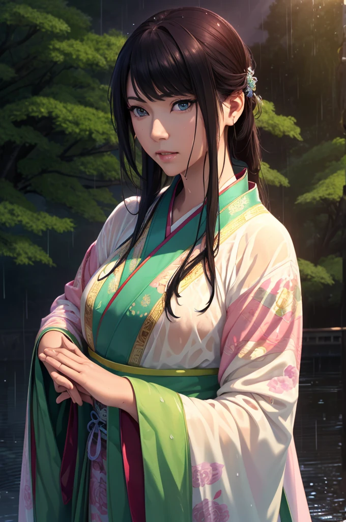 Heavy rain background、Field、in the forest、Walking in the river、On the run、In the fog、war (Highest quality,4K,8k,High resolution,masterpiece:1.2), Very detailed, (Realistic,Realistic,Realistic:1.37), High resolution, Hyper HD, Studio Lighting, Ultra-fine painting, Sharp focus, Physically Based Rendering, Very detailed説明, Professional, Vibrant colors, Bokeh, Sports Late Night, Ancient War Landscapes, Traditional Chinese Painting Techniques, Atmospheric lighting, Vivid color contrast, Ethereal atmosphere,Very detailed目と顔, Beautiful attention to detail, Light on the face,豪華なHanfu (Hanfu: 1.1),My whole body is wet、My clothes are wet and transparent、Nipples are visible、The nipples are pale pink、Dynamic pose、Rain clouds spreading across the sky、Heavy rain weather、Pouring rain、Wind and rain storm、((Soaked skin from head to toe))、((Rain-soaked clothes(Rain dripping from clothes))、((The lines of your body are clearly visible through your wet clothes...))、、Green Eyes、Tired look、Disheveled clothing、Slim figure、Small breasts