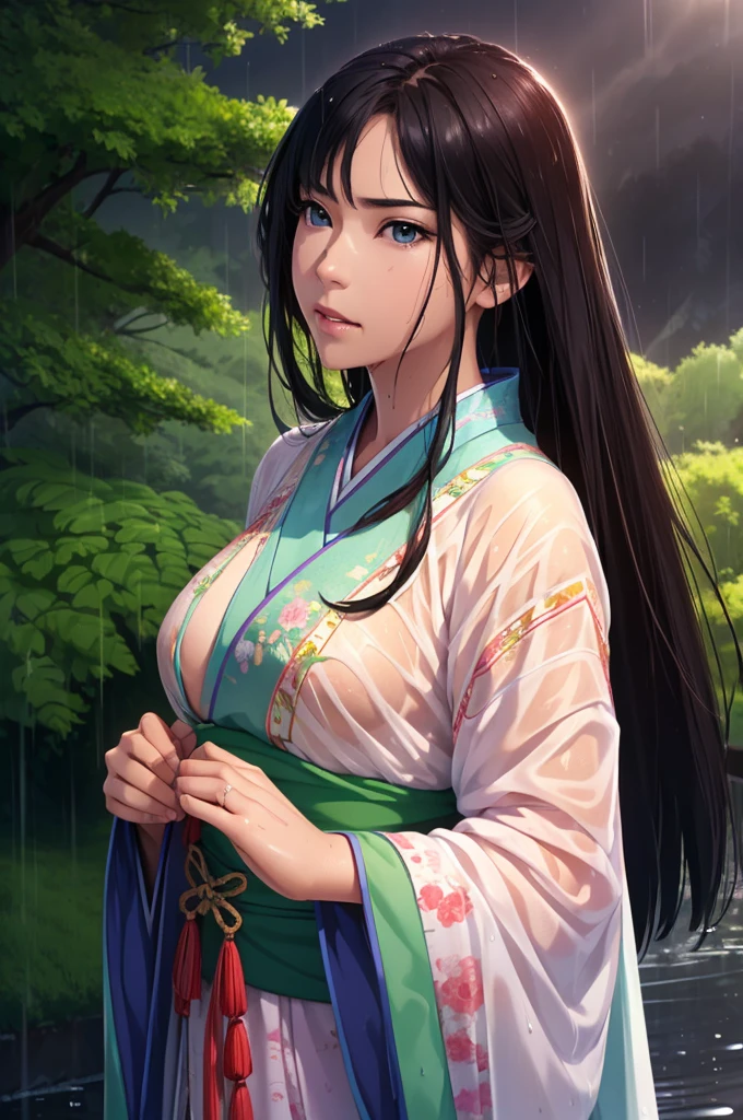 Heavy rain background、Field、in the forest、Walking in the river、On the run、In the fog、war (Highest quality,4K,8k,High resolution,masterpiece:1.2), Very detailed, (Realistic,Realistic,Realistic:1.37), High resolution, Hyper HD, Studio Lighting, Ultra-fine painting, Sharp focus, Physically Based Rendering, Very detailed説明, Professional, Vibrant colors, Bokeh, Sports Late Night, Ancient War Landscapes, Traditional Chinese Painting Techniques, Atmospheric lighting, Vivid color contrast, Ethereal atmosphere,Very detailed目と顔, Beautiful attention to detail, Light on the face,豪華なHanfu (Hanfu: 1.1),My whole body is wet、My clothes are wet and transparent、Nipples are visible、The nipples are pale pink、Dynamic pose、Rain clouds spreading across the sky、Heavy rain weather、Pouring rain、Wind and rain storm、((Soaked skin from head to toe))、((Rain-soaked clothes(Rain dripping from clothes))、((The lines of your body are clearly visible through your wet clothes...))、、Green Eyes、Tired look、Disheveled clothing、Slim figure、Small breasts