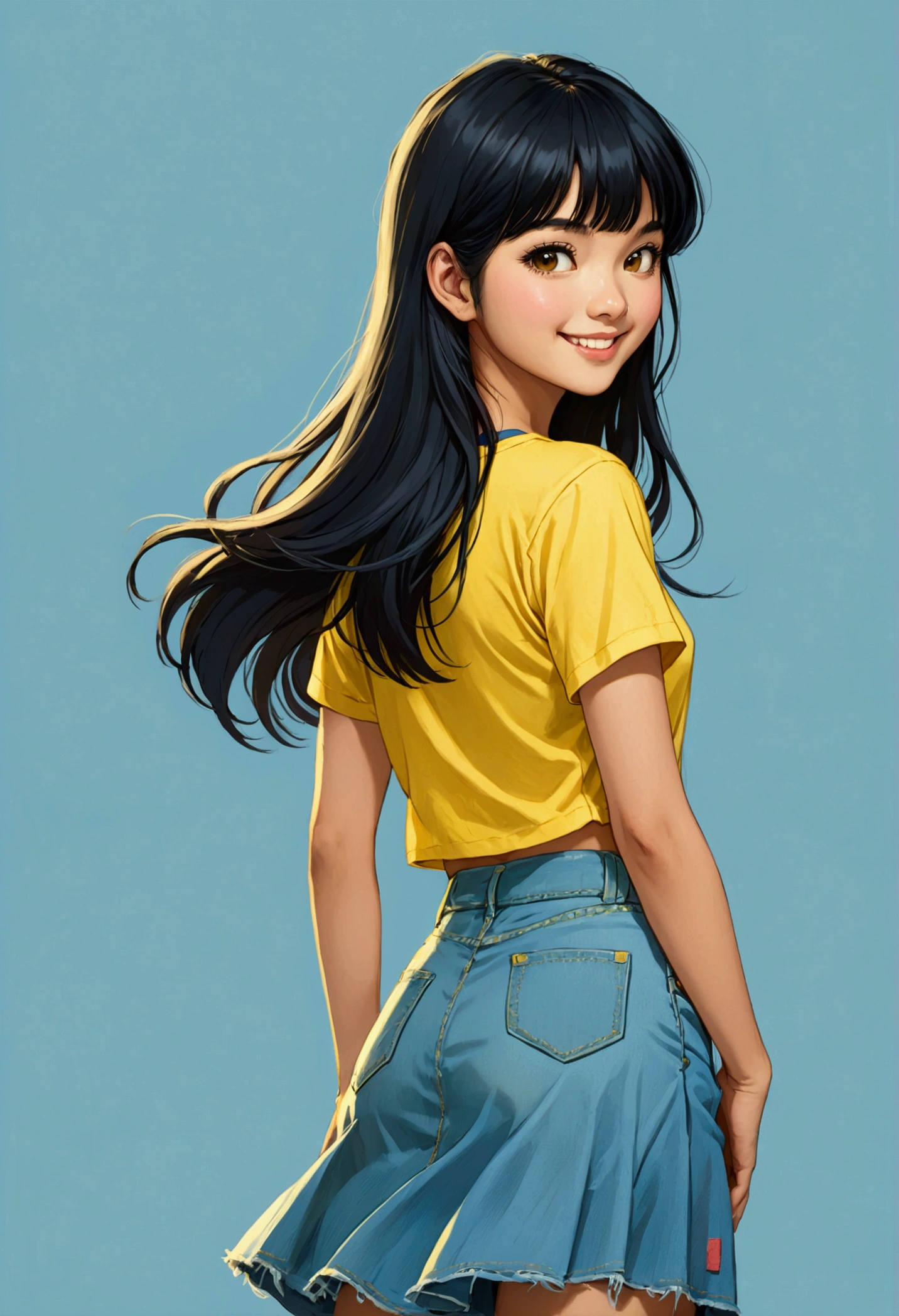 A beautiful young girl in Sarah Kay style, a beautiful Asian girl with long, straight, black hair with bangs who is dressed in a long, ankle-length light blue jean skirt and is wearing a yellow short-sleeved T-shirt, she is posing with her back turned and smiling playfully.