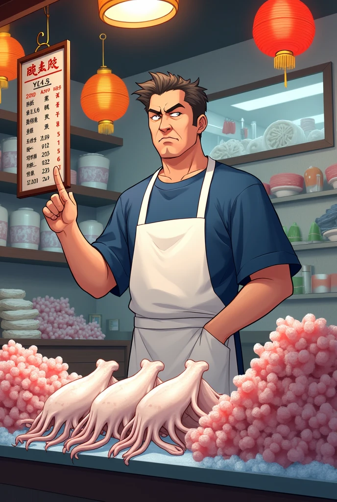 {
"size": "1024x1792",
"prompt": "A stern-looking squid vendor stands behind a counter in a bustling squid shop, wearing a white apron over a blue shirt and dark pants. The vendor has a serious expression with furrowed brows and pursed lips, pointing at a prominently displayed price list with one hand. The counter is covered with an abundant display of fresh squid on ice, with piles of squid and various seafood items arranged neatly. The shop is lively with colorful lanterns hanging from the