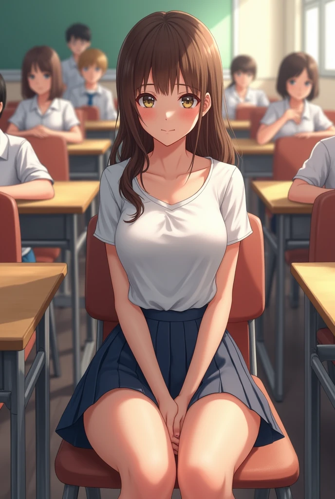 A teen gir student sitting in class with a short skirt with her legs a bit open but her entire class should be shown