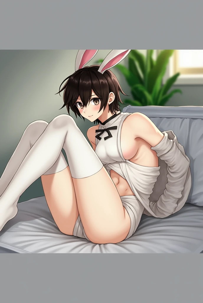 anime sexy boy, Wearing a sexy bunny bodysuit costume with a bow tie And big thighs inside Socks