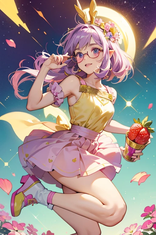 Glee is a light beige guinea pig with beige ears and purple hair.
She has a pink top with a pink skirt covered in strawberries and flowers.
She comes with gold glasses, yellow headpiece, and teal shoes. SPARKLE; GLITTER