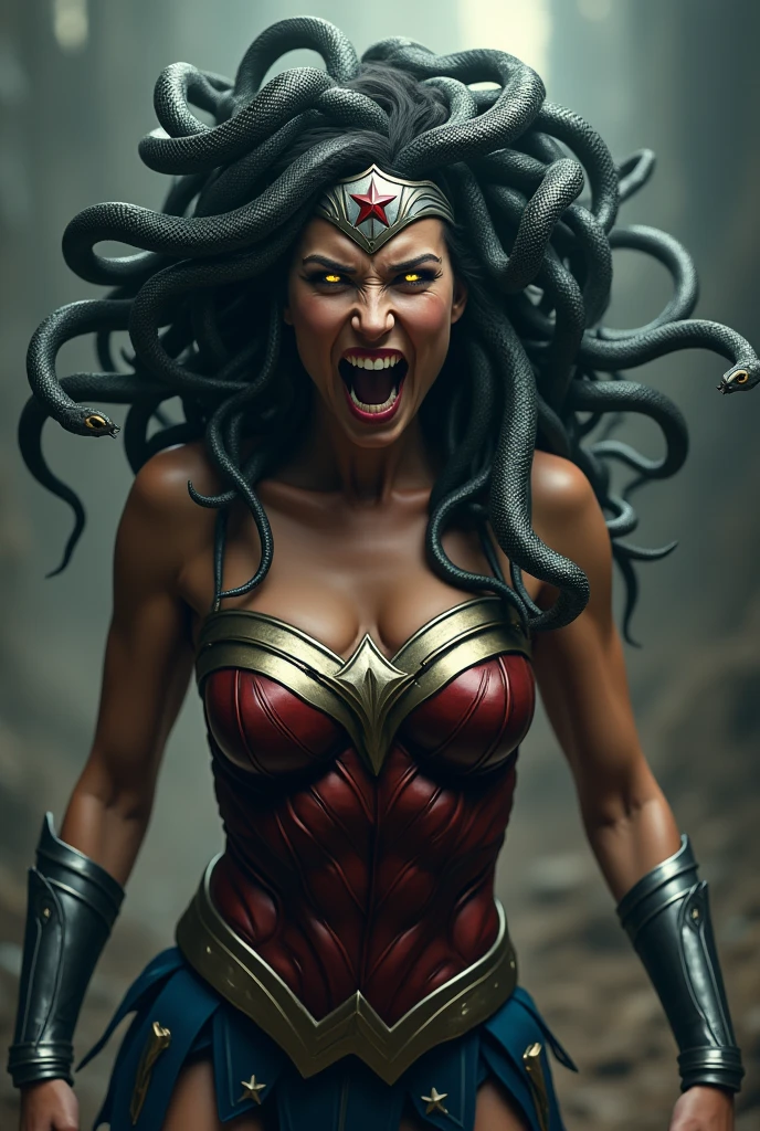 Greek mythology Medusa Wonder Woman snakes on her head (((Silver metal diadem with a red star on its front))),(((Wonder Woman Red Leather Corset Costume))),(((Scary and terrifying images this woman is screaming silver metal bracelets))),(((snake Eyes ))),(((Fangs)))