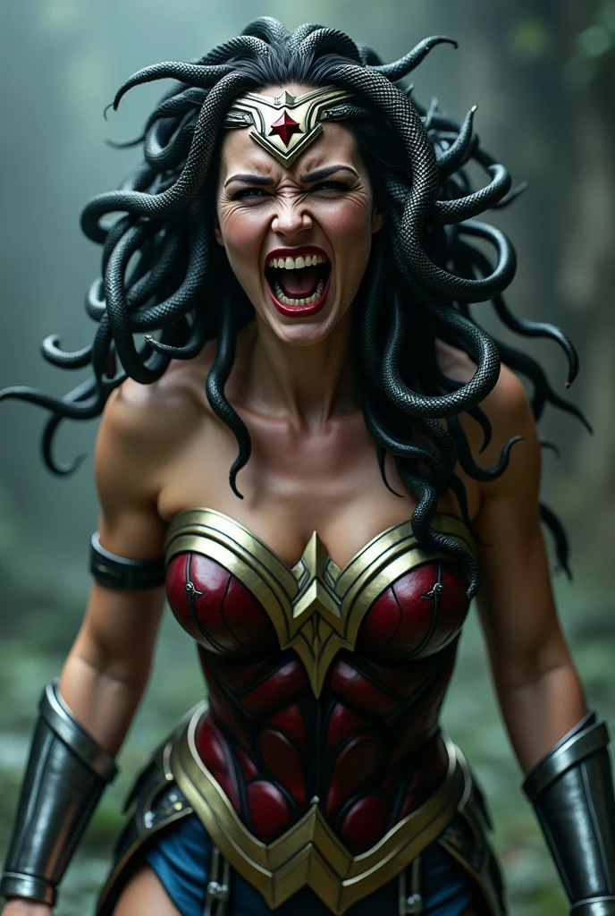 Greek mythology Medusa Wonder Woman snakes on her head (((Silver metal diadem with a red star on its front))),(((Wonder Woman Red Leather Corset Costume))),(((Scary and terrifying images this woman is screaming silver metal bracelets))),(((snake Eyes ))),(((Fangs)))