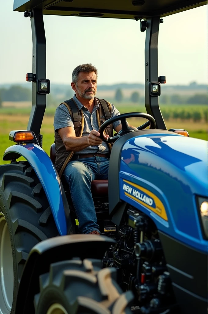 Man sitting in the seat of a New Holland tractor