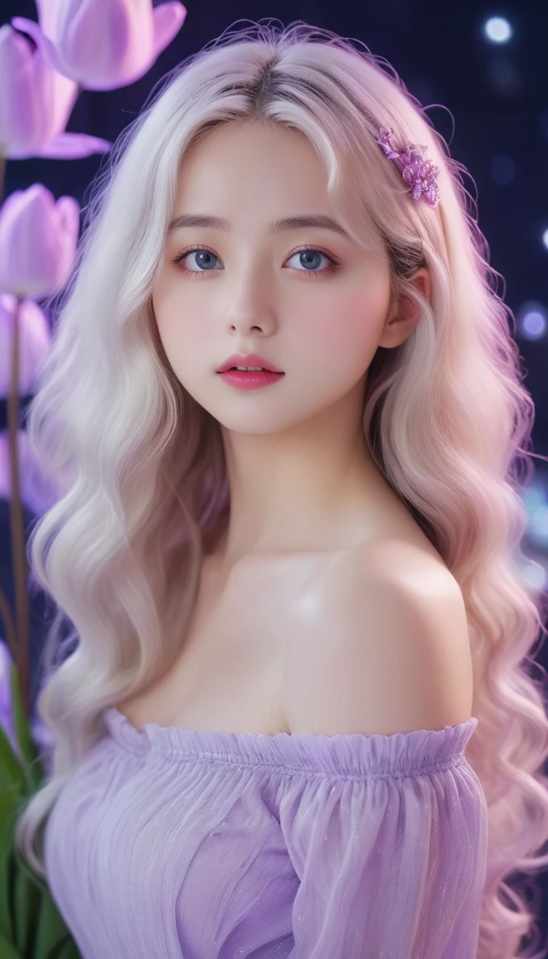 masterpiece,Dazzling colorful lights,Extremely detailed,A girl,big eyes,tulip,Extra long curly hair,White-blond hair,A fascinating adventure,Radiant Lips,Close-up of face,Off-shoulder,Dreamy and beautiful,The rich colors of the characters,Delicate brushstrokes,wallpaper,Lilac background,Anime Aesthetics,