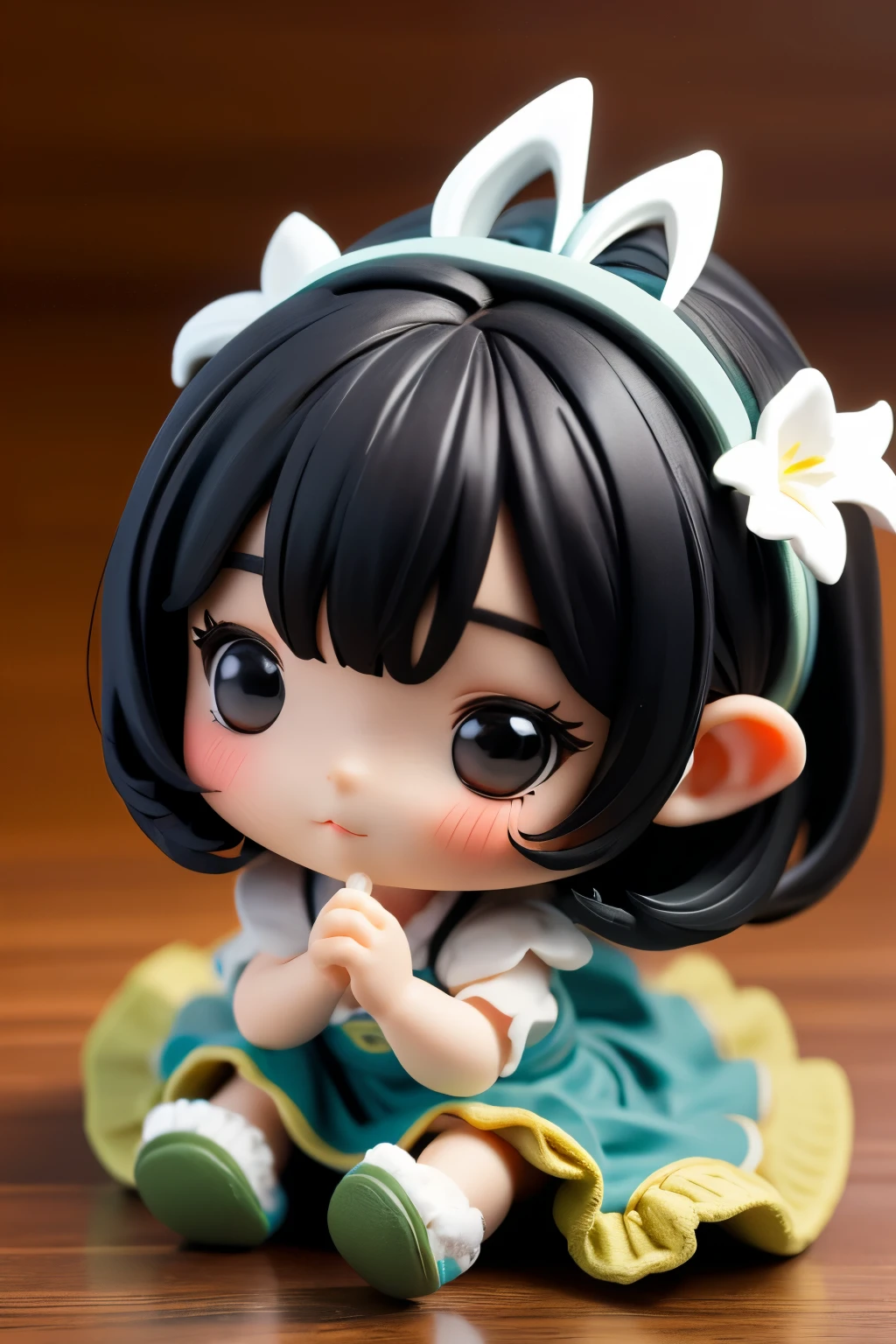 Photorealistic、(Black Hair、sleepy、Mouth slightly open、hair ornaments、Sitting、Cute Shoes)、Lily of the valley hill、night