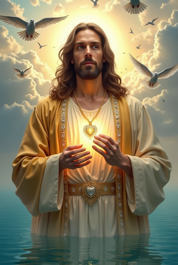 (photorealism:1.2), handsome Jesus Christ, the feet in the blue water of the sea is floating with many dove and so many clouds all over, wearing the gold color of King elegant clothes with many diamonds and crown sparkling with light, the head and heart lighting all over, focus on face looking at the camera, nice hair, outdoors, bright lighting, so many clouds and blue sea water in the background,  so many clouds and dove all over, cozy  blue sea, relaxed pose, realistic, intricate details, bright colors,