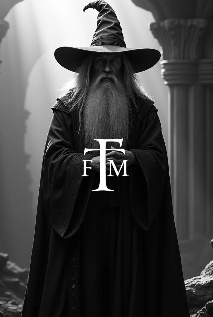create a black and white image of gandalf from lord of the rings, with a logo in the center (you can create this logo too, containing only the letters FTM)