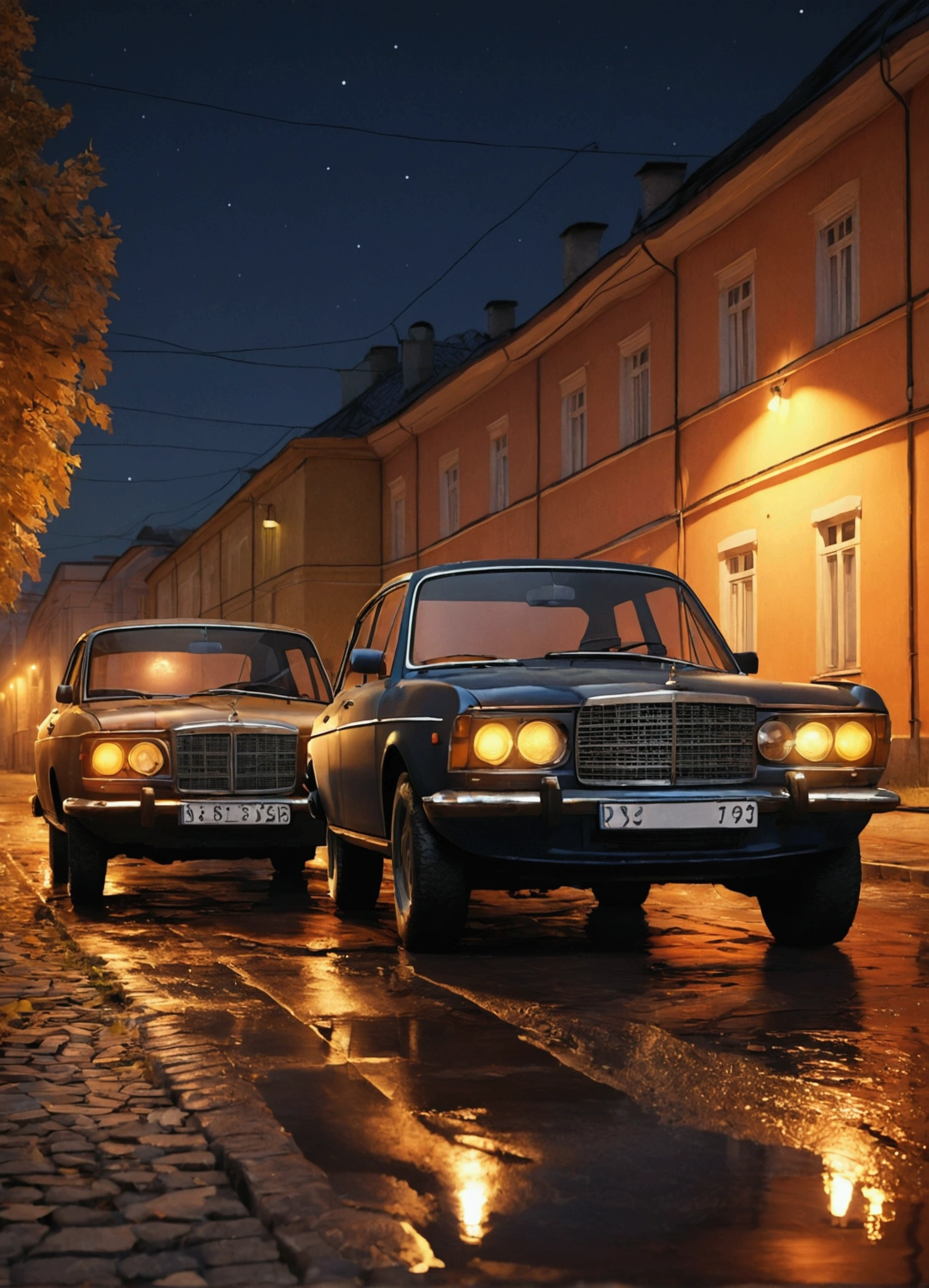 A photorealistic image of two Russian car at night, with detailed expressions and a sense of realism