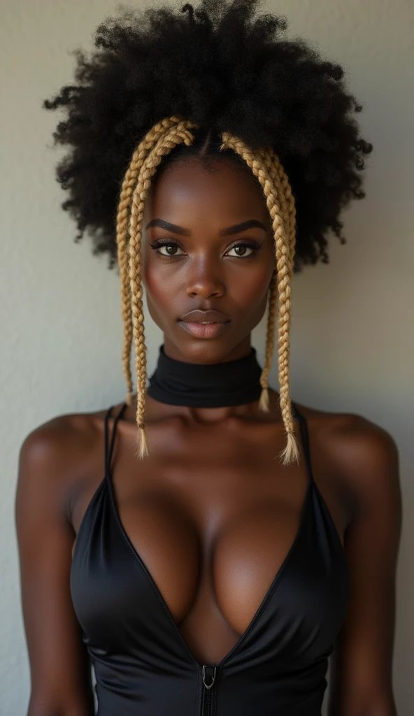 a dark skin afro ebony with short blonde hair, in french braid huge breast and detailed cleavage
