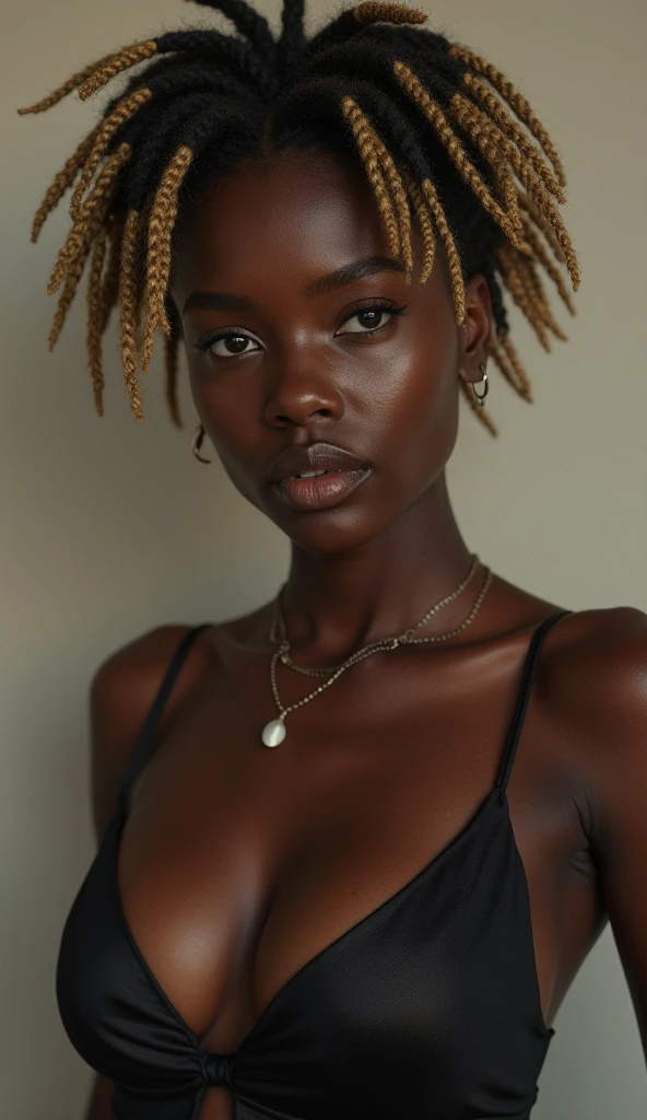 a dark skin afro ebony with short blonde hair, in french braid huge breast and detailed cleavage