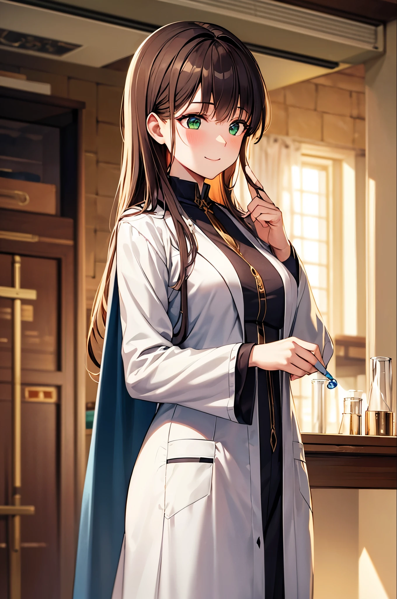 best quality, 8k, super fine illustration, extremely detailed CG, masterpiece,
beautiful anime style girl,
Smile, blush, medium breasts, Five anatomically correct fingers, Alchemist: 1.3, Robe, (AlchemistのRobe: 1.2), indoor, (basement)、(Science Lab:1.3), Are standing、flask、grimoire、Medicines, brown hair,Semi-long hair、 green eyes,
cowboy shot,
telephoto lens, lens flare,
slow shutter speed
,,
(pure color scene),
(best shadow),
,,
(natural light),
,,
(natural reflection),