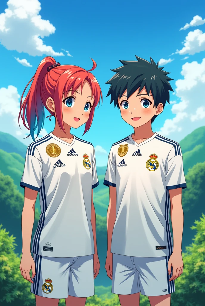 An image of a girl and a boy named Yoni and Irel anime with a Real Madrid shirt 

