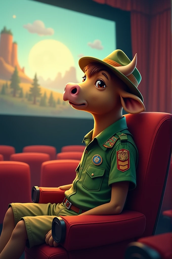 Drawing of a bull with a scout hat and a green scout uniform in a cinema watching a movie