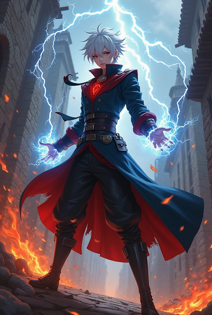 An anime character with white hair ,powers of lightning and fire that was a murderous scoundrel with red eyes in the medieval era and stole people's power