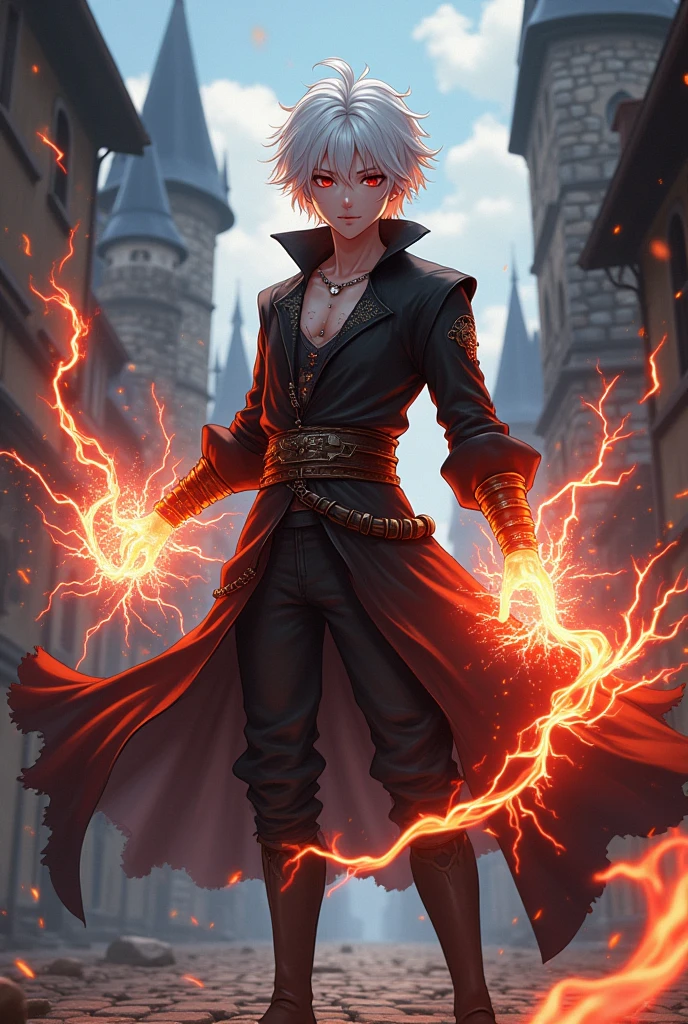 An anime character with white hair ,powers of lightning and fire that was a murderous scoundrel with red eyes in the medieval era and stole people's power