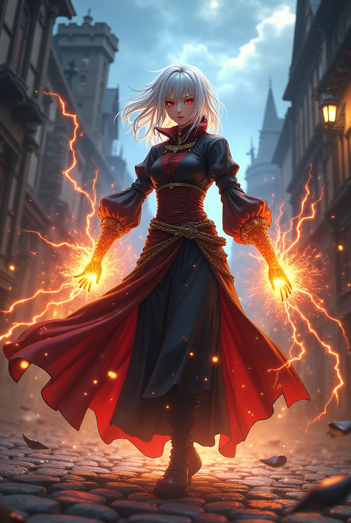 An anime character with white hair ,powers of lightning and fire that was a murderous scoundrel with red eyes in the medieval era and stole people's power
