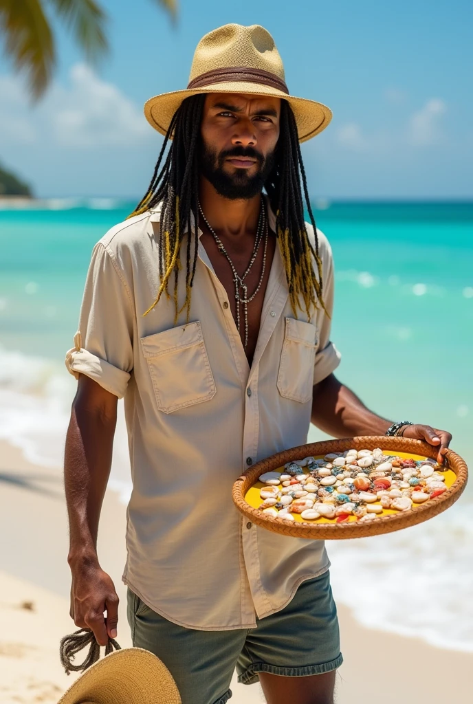create the image of close-up of a street vendor on a beach in Venezuela. The vendor is a white American man, descendant of Spanish Canarians, with a builtfat type of body, he is a bit fat, he has slim arms, a product of sun and exercise. His face shape is rectangle type. His long, thick , straight black hair is delicately braided and adorned with fine yellow highlights that contrast with his tanned skin. His hairline type is rectangular shaped. His beard is totally shaved . His eyes are protected by modern sunglasses, which give him a relaxed and carefree air. His clothing is casual and summery: beach shorts that reveal his thick and slightly muscular legs and a loose t-shirt, ideal for the tropical climate. His appearance conveys positive energy and a relaxed lifestyle. The colorful braids and handmade accessories complement his bohemian look and connected with nature. He is around 30 years old, he is an extroverted person, with a free and adventurous spirit. His job as a seller of handmade jewelry suggests an artistic sensibility and a deep respect for nature, since his products are made with organic materials such as snails. The place where he sells is a paradisiacal beach, with fine white sand, the turquoise sea stretching to the horizon. The sun shines brightly, creating a warm and welcoming atmosphere. A gentle sea breeze caresses the skin and the sound of the waves breaking on the shore accompanies the scene. The seller walks at a leisurely pace along the shore of the beach, leaving footprints in the sand. His bare feet feel the soft texture of the sand as he looks out to sea. In one hand he carries a colorful tray with his handmade creations, necklaces and shell bracelets, which he proudly displays to potential buyers. His other hand gently swings a straw hat, which protects his face from the sun. Tourists strolling along the beach are attracted by his unique and original products, stopping to admire his creations and chat with the seller.