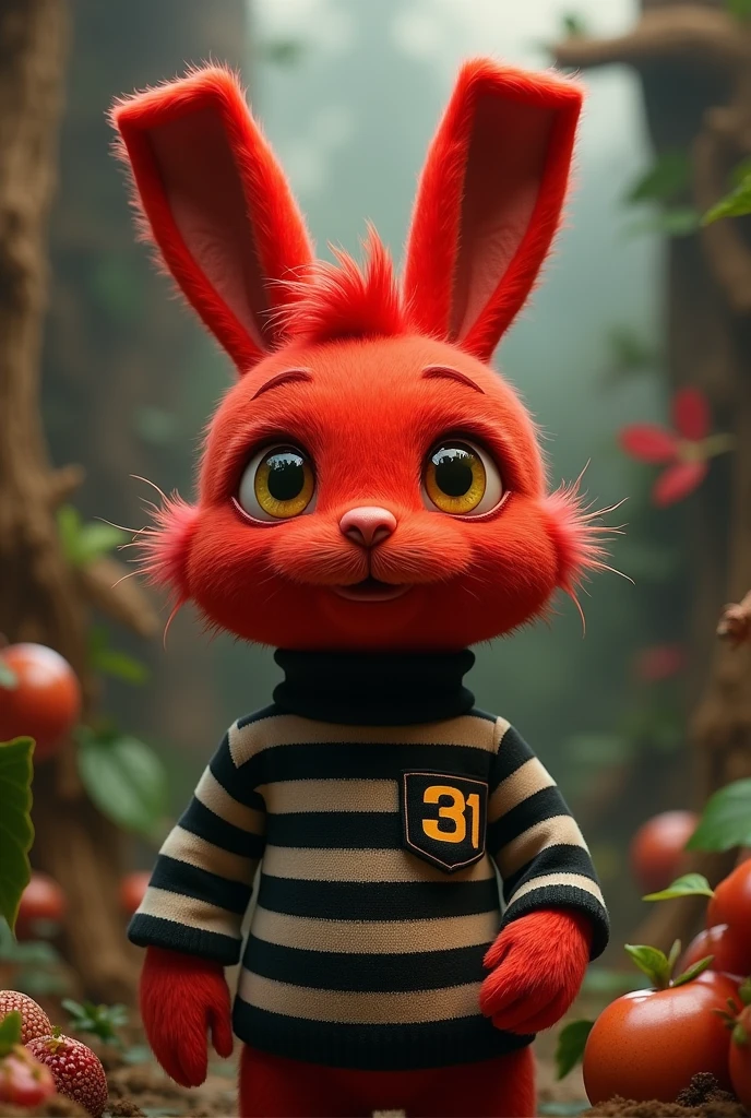 Short hair red rabbit puppet, The tips of the ears are square with yellow eyes with a black and white striped turtleneck shirt with a small pocket at chest height with the inscription "31" with a Peruvian pimp and coca leaf