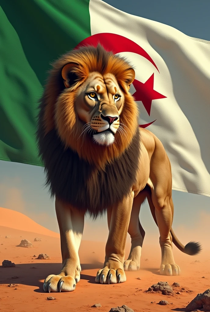 5 Great Algerian Desert Lion the Algerian flag towards white the crescent moon the blood red star between the two in the desert