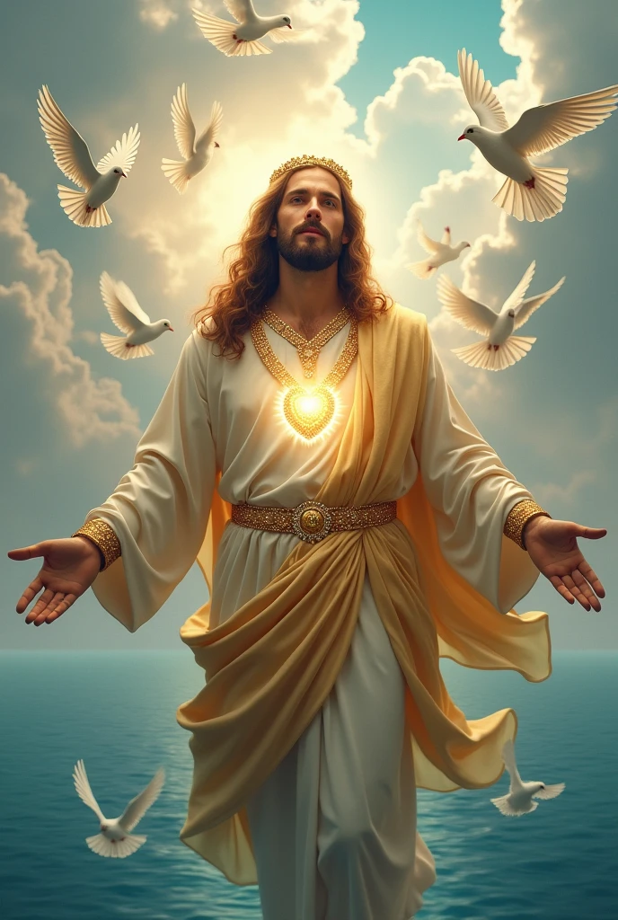 (photorealism:1.2), handsome Jesus Christ, the feet in the blue water of the sea is floating with many dove and so many clouds all over, wearing the gold color of King elegant clothes with many diamonds and crown sparkling with light, the head and heart lighting all over, focus on face looking at the camera, nice hair, outdoors, bright lighting, so many clouds and blue sea water in the background,  so many clouds and dove all over, cozy  blue sea, relaxed pose, realistic, intricate details, bright colors,