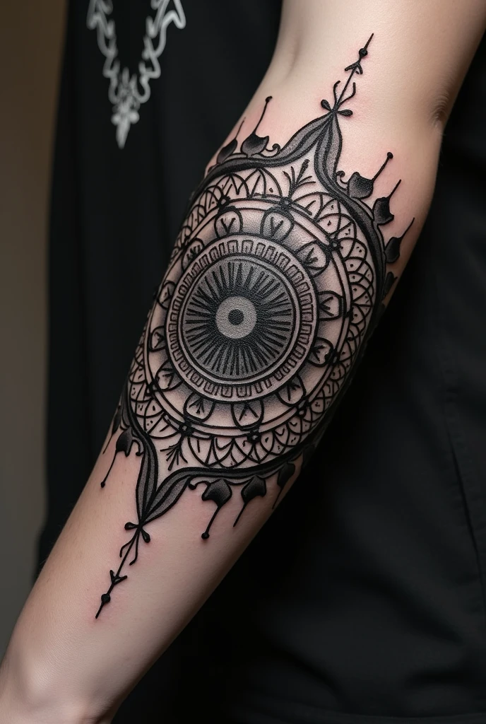 Tattoo on the entire forearm in blackwork style with a dark mandala along with some lines that let the skin show through 