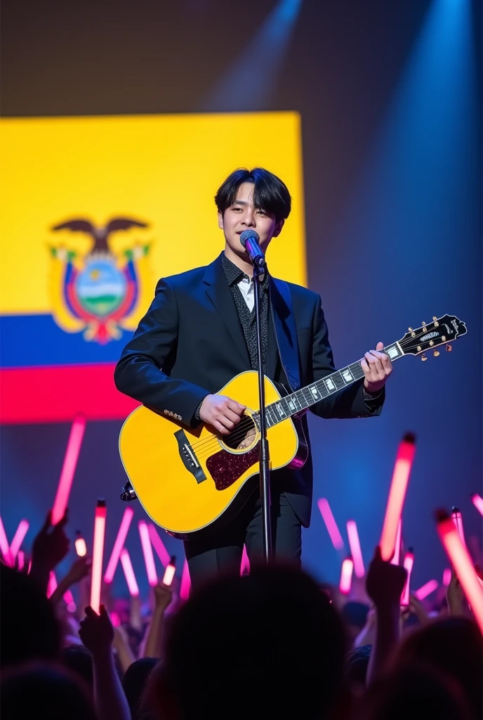 Suga from bts on stage with a yellow guitar and in the background with the flag of Ecuador and the public with the armybomb