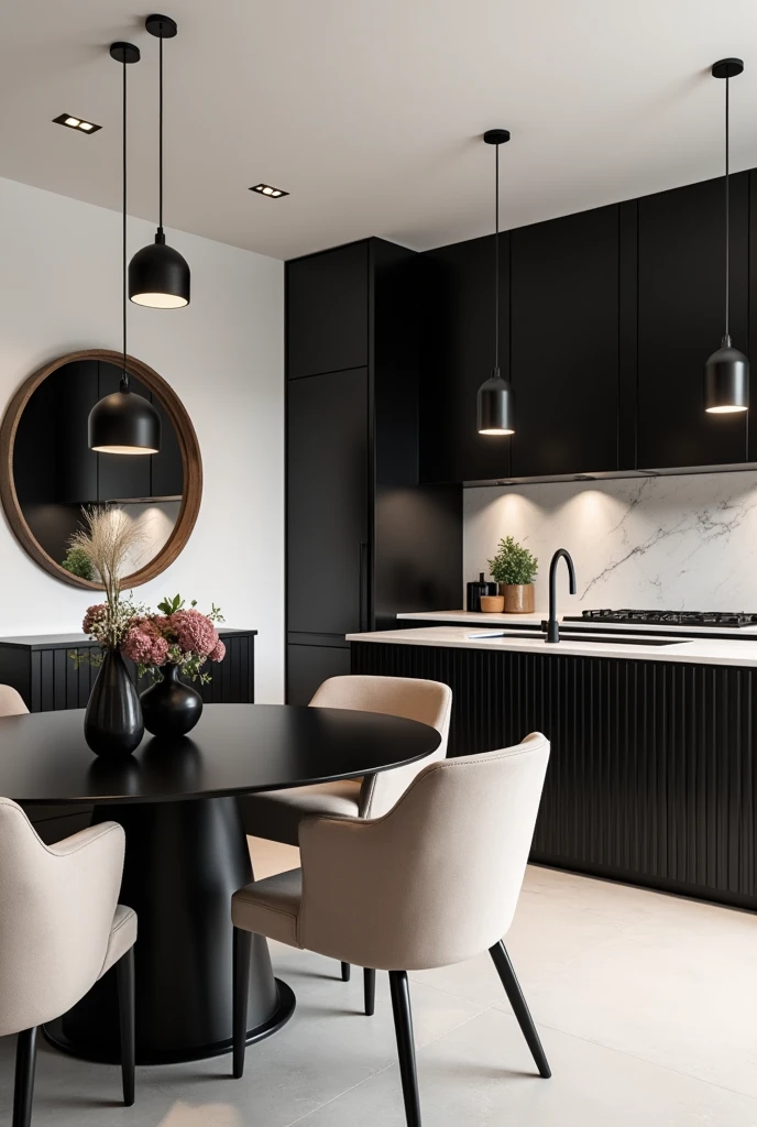 Create a sleek and modern kitchen and dining area with a minimalist design. The space features a large, black kitchen island with a fluted front, paired with matching black cabinets that contrast beautifully with the light walls and floors. The countertops are a light marble with subtle veining, adding a touch of elegance. Above the island, contemporary black pendant lights provide focused illumination, while recessed lighting throughout the room ensures a bright and welcoming atmosphere.
The dining area, adjacent to the kitchen, includes a round black dining table surrounded by plush, beige upholstered chairs, offering comfort and style. A large, round mirror with a wooden frame is mounted on the wall, reflecting the light and making the space feel more open. The decor is kept simple, with a modern black vase holding a bouquet of flowers as the centerpiece on the dining table. The overall design is a harmonious blend of dark and light elements, creating a space that is both stylish and inviting.