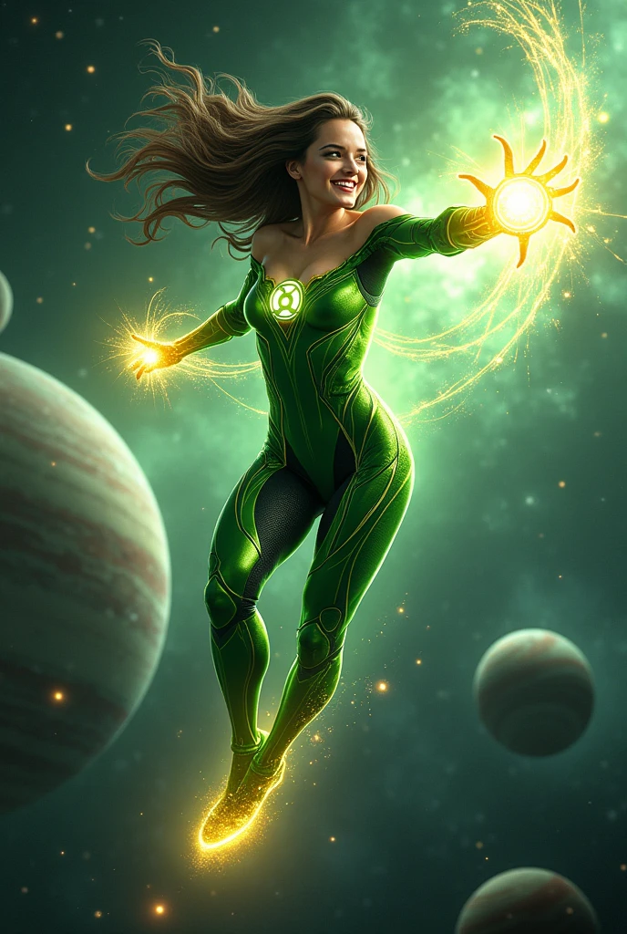 Green Lantern Spiderwoman Flying Between Planets ,with his power ring shining,perfect, beautiful,with a smile on his face