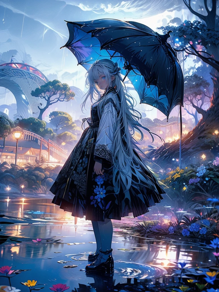 high quality, top quality,high resolution,1girl,solo,cute,white hair and long hair,after the rain, blue sky,rainbow in the sky,in park, puddle,wet flower