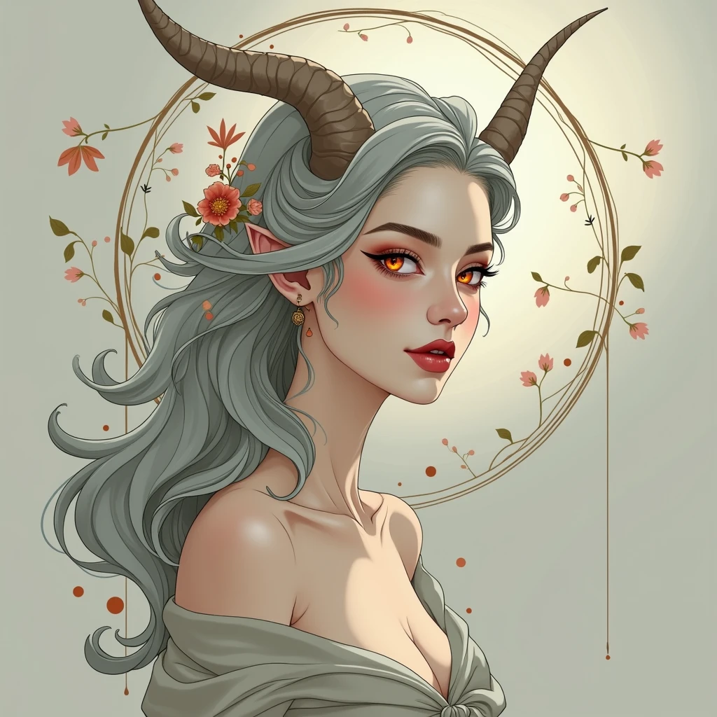Minimalist Demon Woman with Soft Horns: The design would feature the head of a demon woman with clearly feminine features. Her eyes would be large and expressive, with a soft glow, and her lips would be delicate and well-defined. The demonic touch would come through two curved horns that emerge from the forehead, drawn in a soft and fluid way, without exaggerating the details. These horns would follow the curved lines typical of Art Nouveau, simple and elegant.
Her hair would be minimalist, but still fluid, falling in a few light waves around the face, creating a natural frame that follows the curves of the composition. It would not be necessary to add many ornaments or vines; the idea would be to keep the design clean and harmonious, focusing on the soft lines that highlight both the femininity and the demonic side.
The neo-traditional style would come in the bolder lines that outline the face, the horns and the hair, maintaining the simplicity of the design, but ensuring that there is visual impact. The use of color would be equally minimalist, with soft red or lilac tones for the skin and light shading to highlight the shapes.
This design captures the fusion of Art Nouveau and Neo-Traditional in a subtle way, emphasizing the femininity of the figure with demonic features, but maintaining an elegant and simplified look.