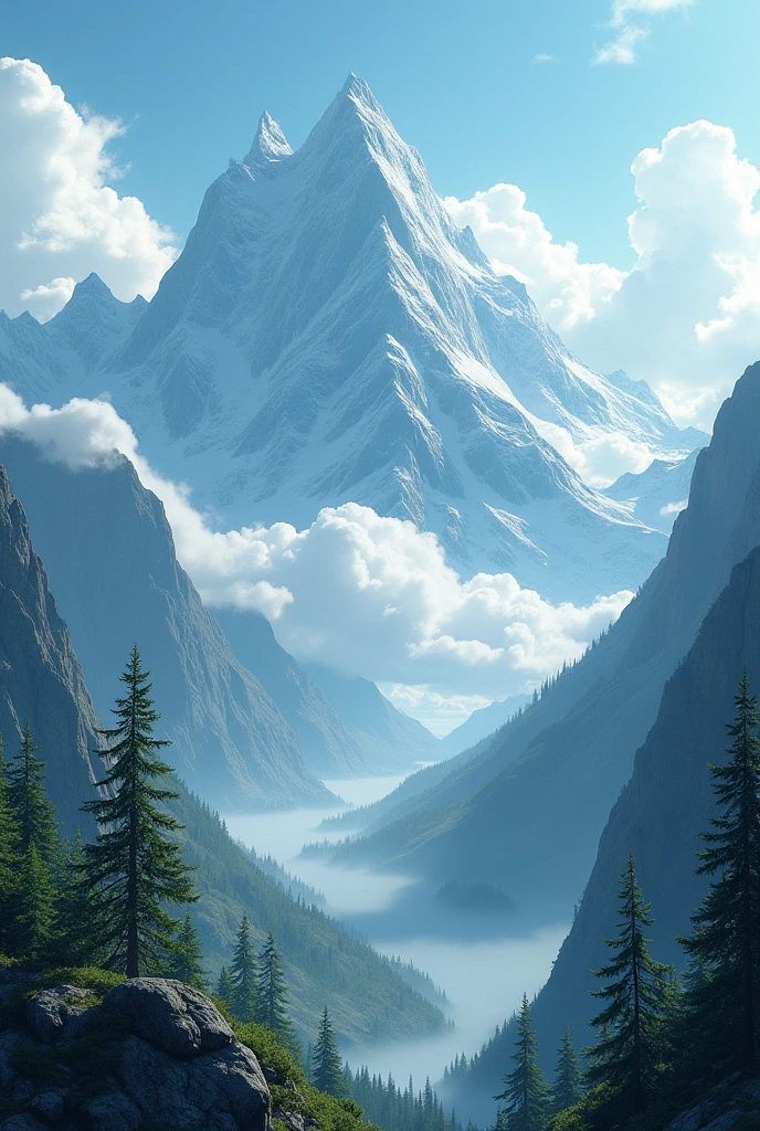 Landscape with mountains, flux, pins et nuages