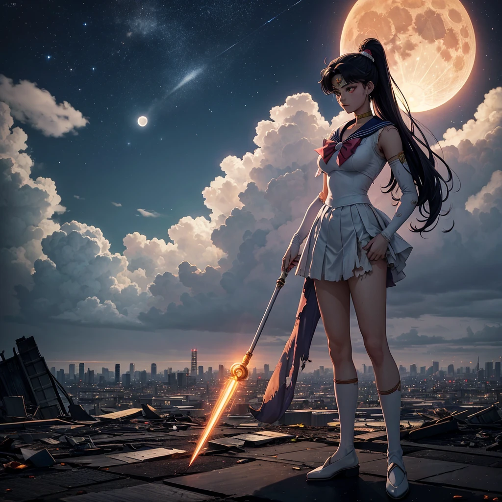 Sailor Moon standing in the middle of a devastated Tokyo, with ruined buildings and the dark sky in the background. His traditional attire is dirty and torn, but his gaze is determined. The full moon shines through the clouds as she holds her Lunar Scepter tightly, ready to protect what&#39;s left of the city