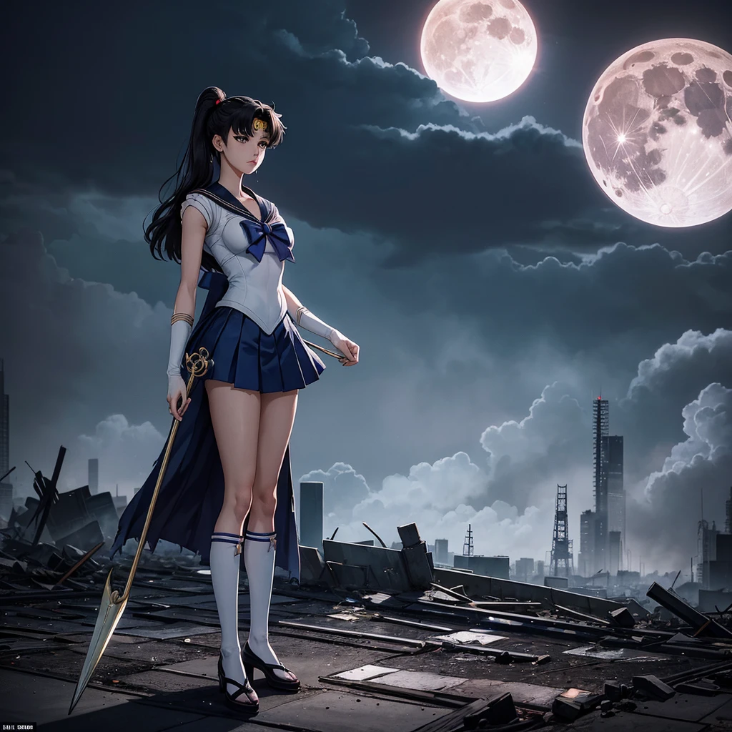 Sailor Moon standing in the middle of a devastated Tokyo, with ruined buildings and the dark sky in the background. His traditional attire is dirty and torn, but his gaze is determined. The full moon shines through the clouds as she holds her Lunar Scepter tightly, ready to protect what&#39;s left of the city